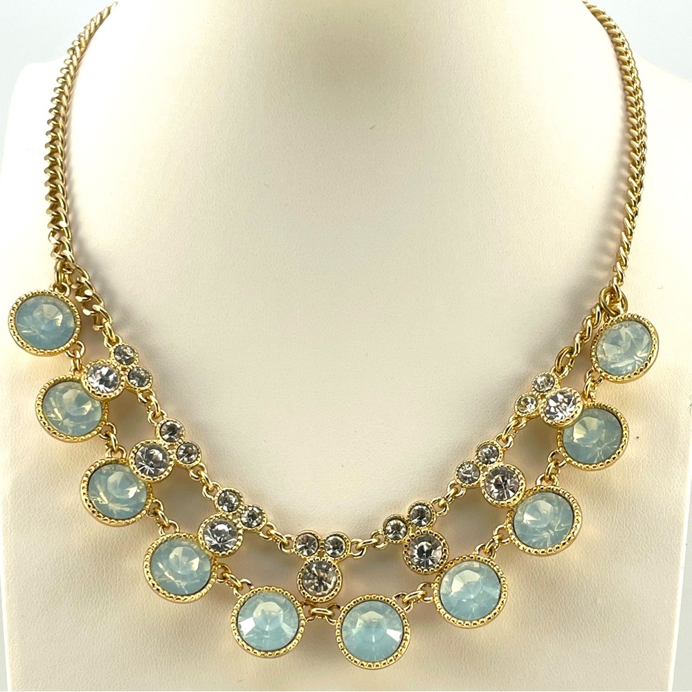 Stunning Premier Designs Gold Tone Blue & Clear Crystal Bib Statement Necklace